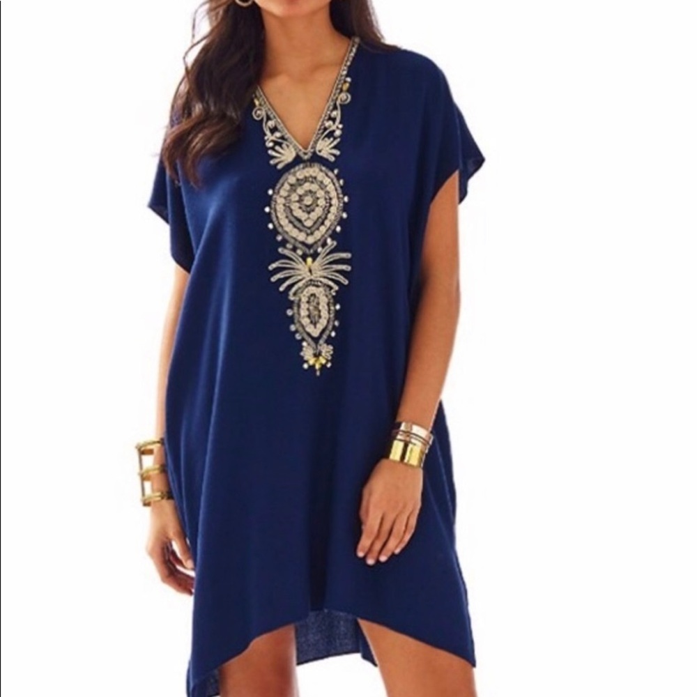 NWT LILLY PULITZER Chai Caftan dress L/XL navy gold tunic beads embroidery
